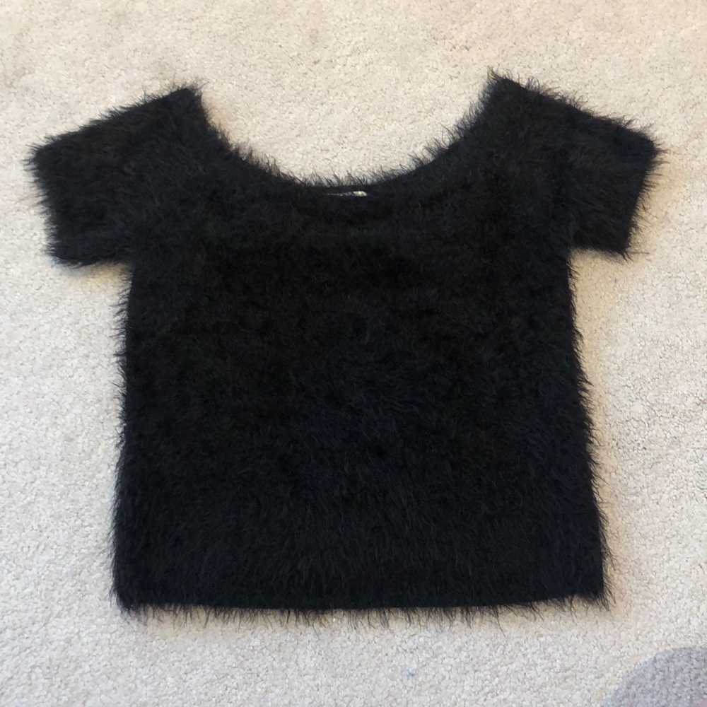 Black fuzzy top from Victoria + Sophia